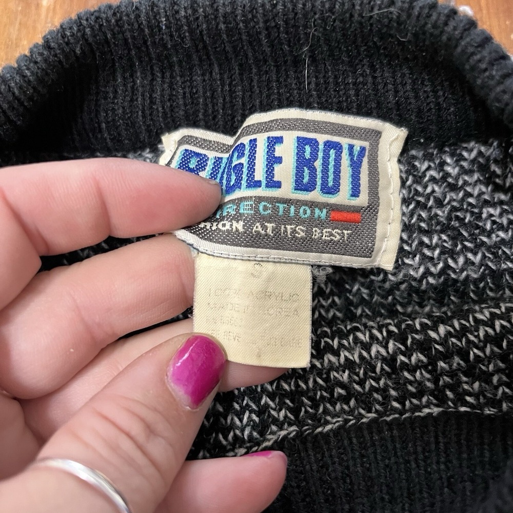 Vintage Bugle Boy Sweater 80s Spell Out Gray Black Block Patch Size Small - Picture 11 of 11